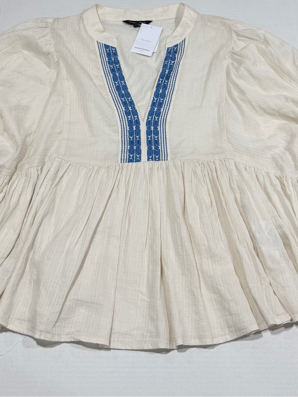 Banana Republic Cream Peasant Tunic with Blue Embroidered Placket